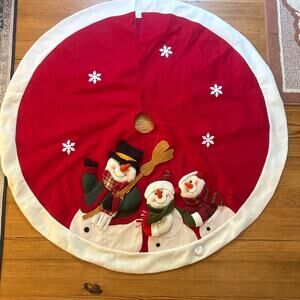 Vintage Christmas red felt snowman family tree skirt